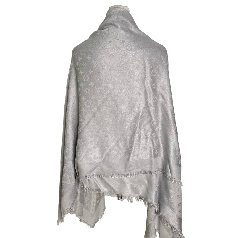 Vintage Louis Vuitton Silver Gray Monogram Cashmere Wool Shawl Wrap Scarf 57x 57